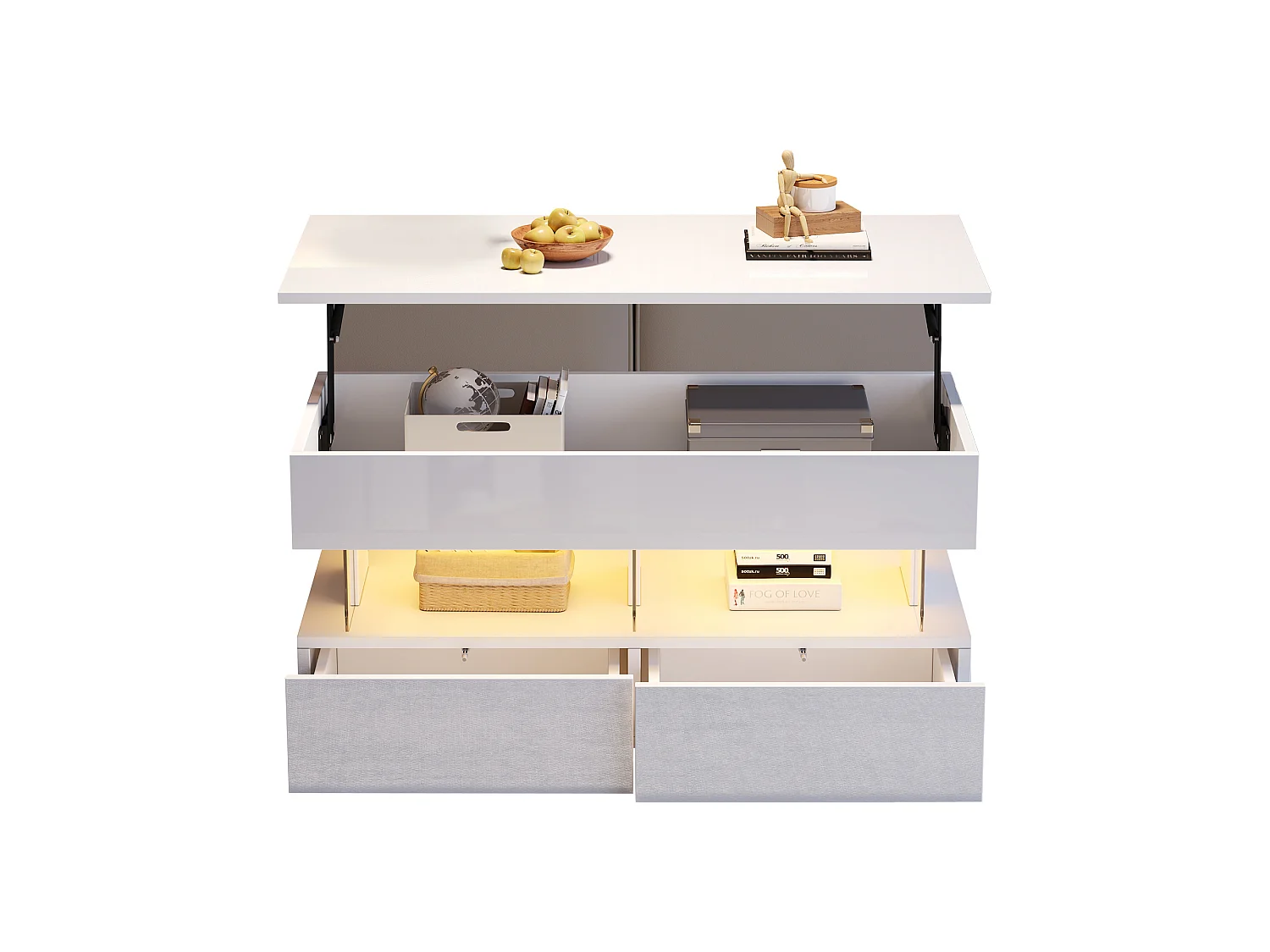 Table basse relevable - 100 x 50 x 46 cm - rangement dissimulé + Leds + 2 tiroirs - MDF + verre trempé - blanc