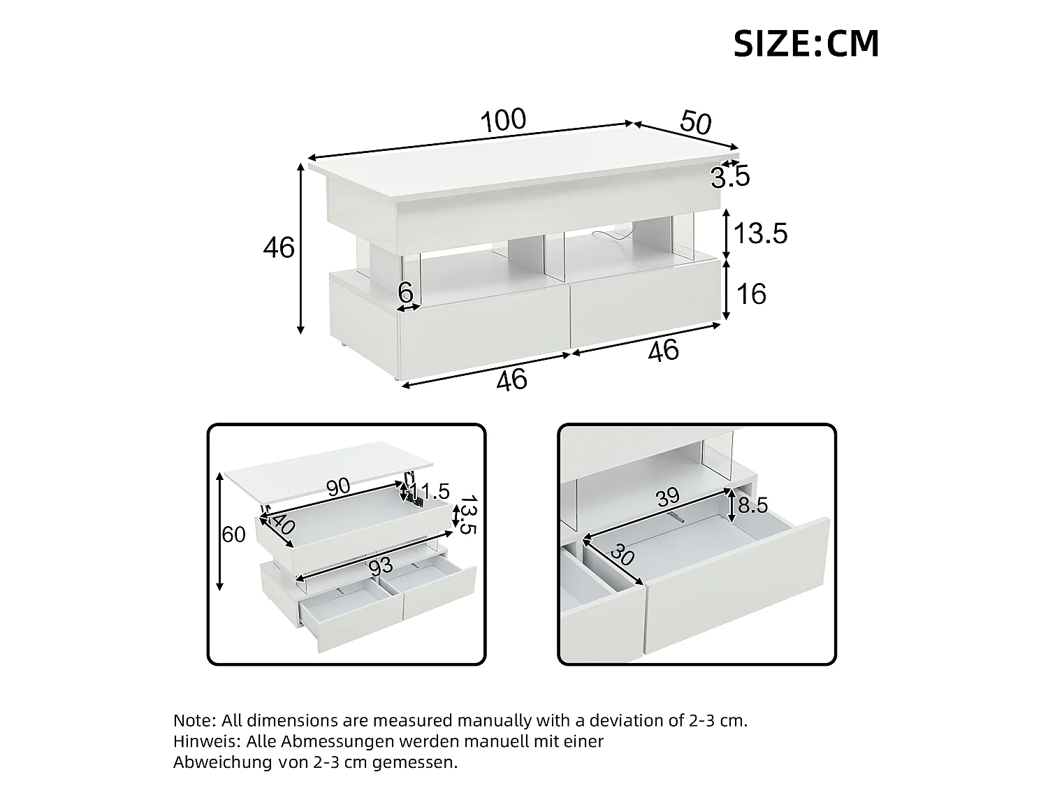 Table basse relevable - 100 x 50 x 46 cm - rangement dissimulé + Leds + 2 tiroirs - MDF + verre trempé - blanc