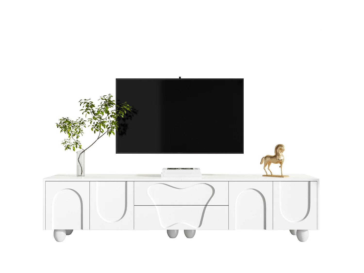 TV-Schrank mit Holzbeinen - 180 x 40 x 42 cm - mit 2 Schubladen + 4 Türen - Spanplatte - weiß