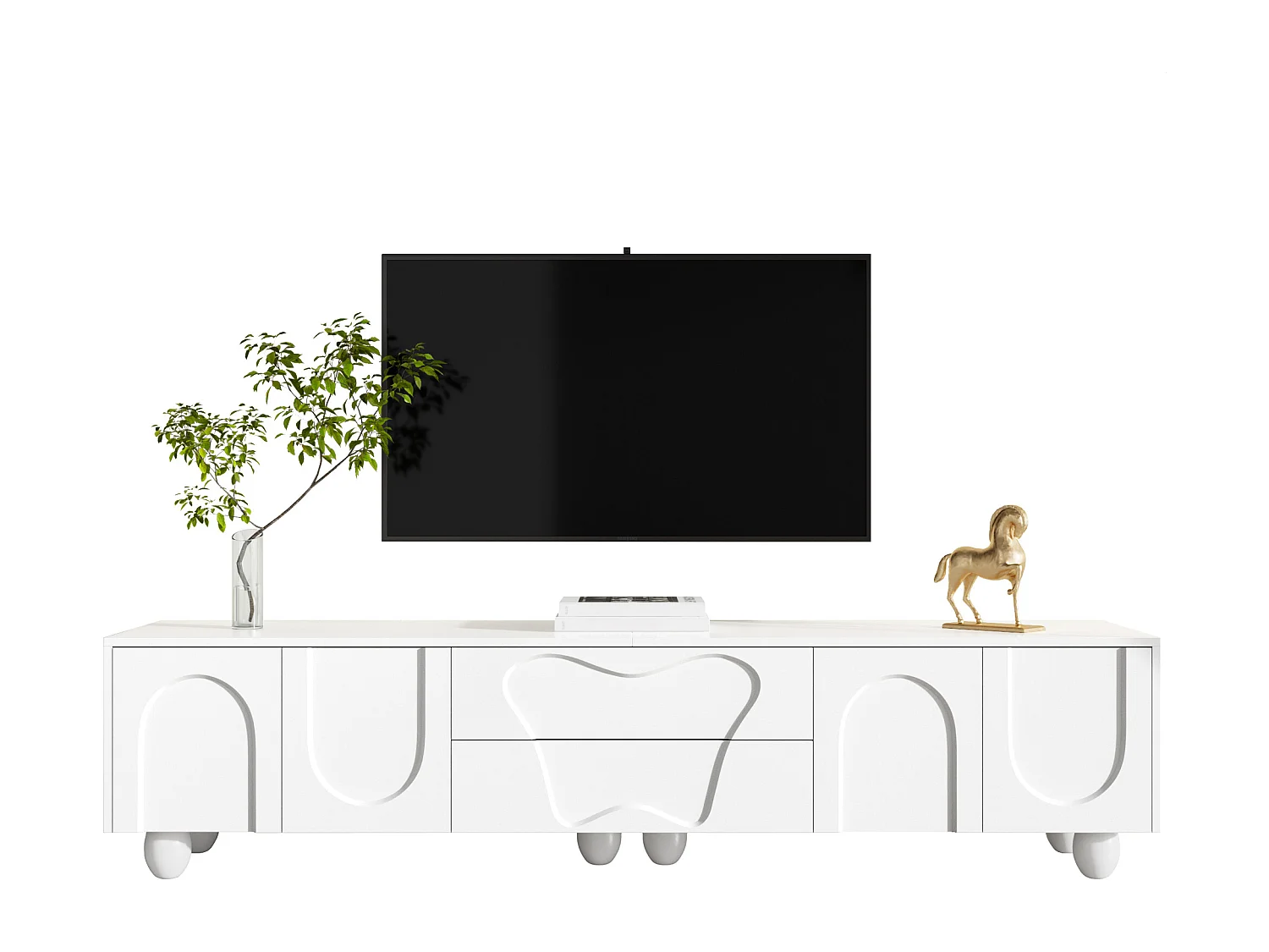 Szafka RTV na nogach drewnianych - 180 x 40 x 42 cm - z 2 szufladami + 4 drzwiami - płyta wiórowa - biała