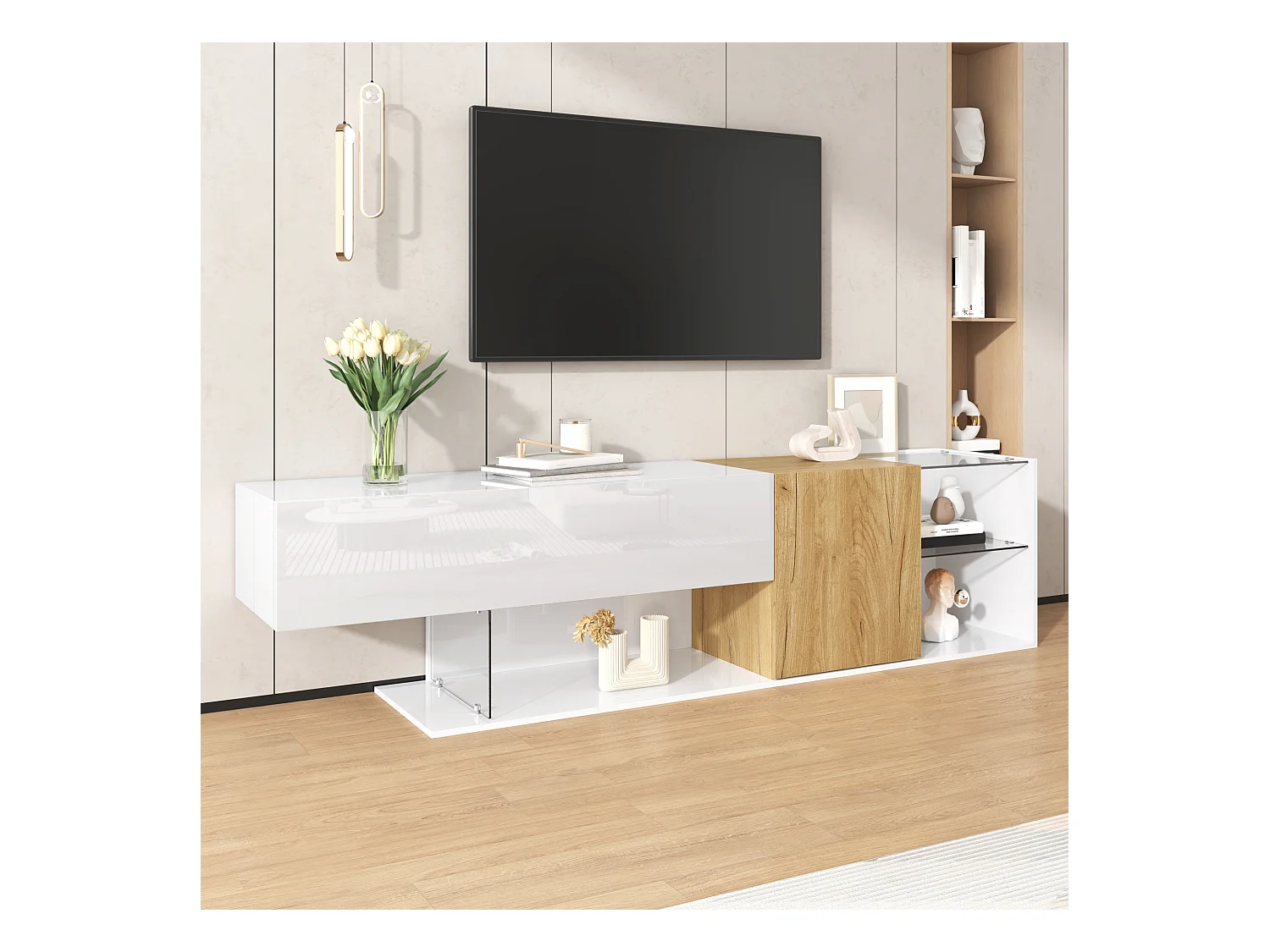 Meuble TV moderne brillant - 180 x 38 x 48 cm - aspect bois + étagères en verre + 2 portes - aggloméré - blanc