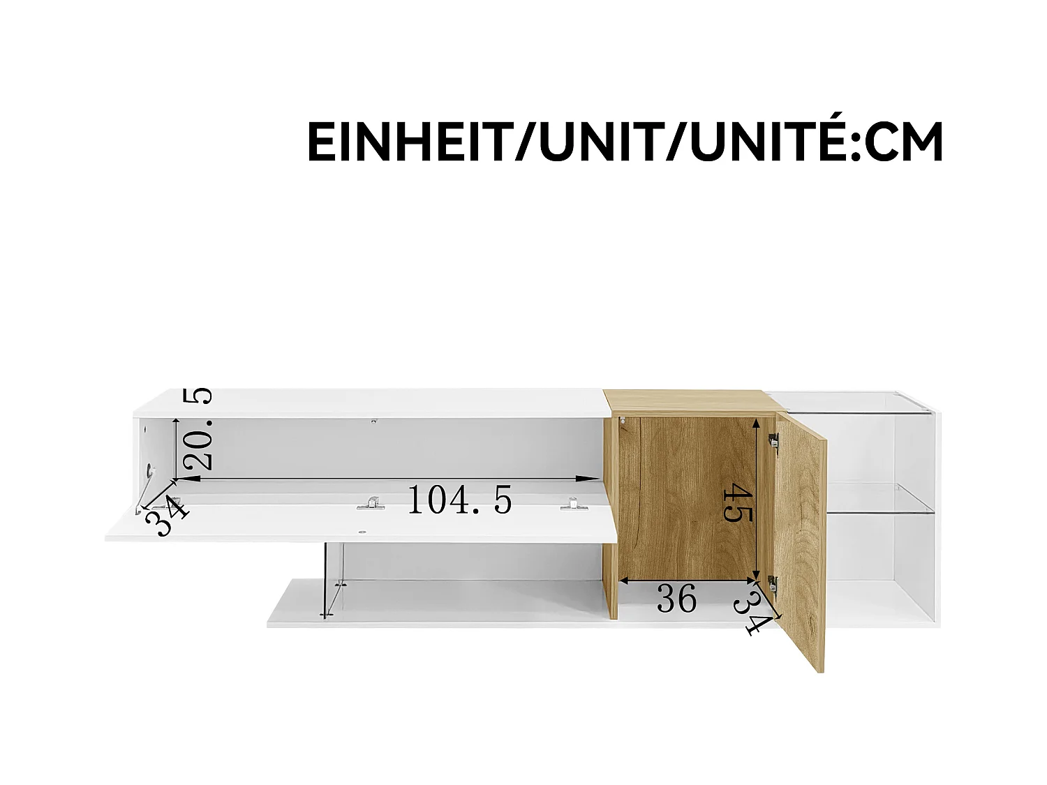 Meuble TV moderne brillant - 180 x 38 x 48 cm - aspect bois + étagères en verre + 2 portes - aggloméré - blanc