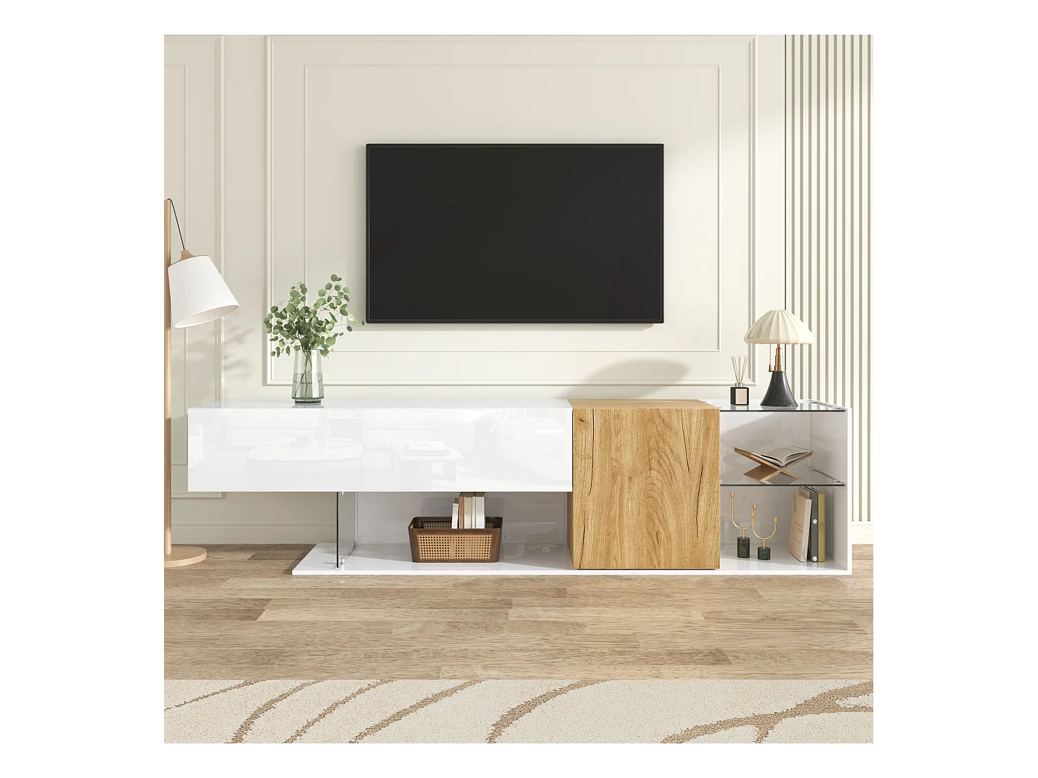 Meuble TV moderne brillant - 180 x 38 x 48 cm - aspect bois + étagères en verre + 2 portes - aggloméré - blanc