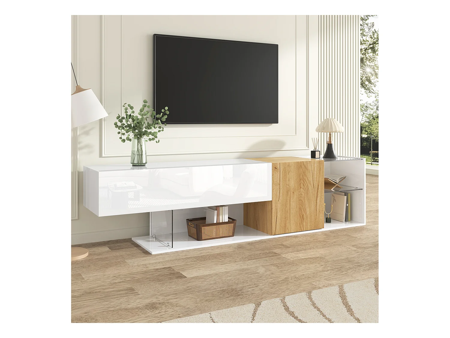 Meuble TV moderne brillant - 180 x 38 x 48 cm - aspect bois + étagères en verre + 2 portes - aggloméré - blanc