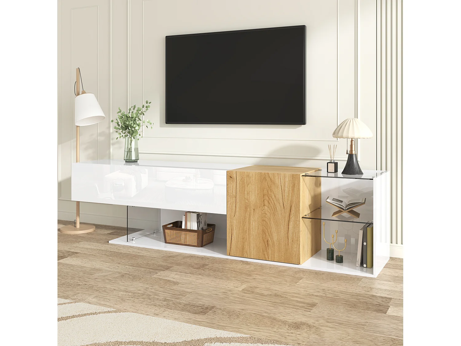 Meuble TV moderne brillant - 180 x 38 x 48 cm - aspect bois + étagères en verre + 2 portes - aggloméré - blanc