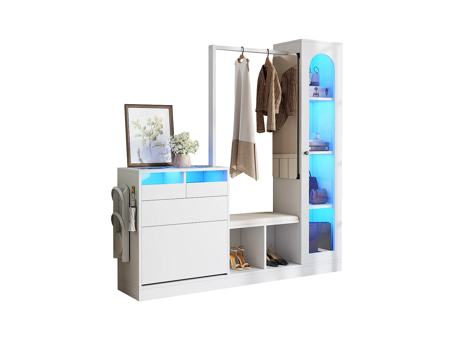 6-in-1 kledingkast - 163 x 35 x 161 cm - spiegel + bank en schoenenkast + vitrinekast + LED's - spaanplaat - wit