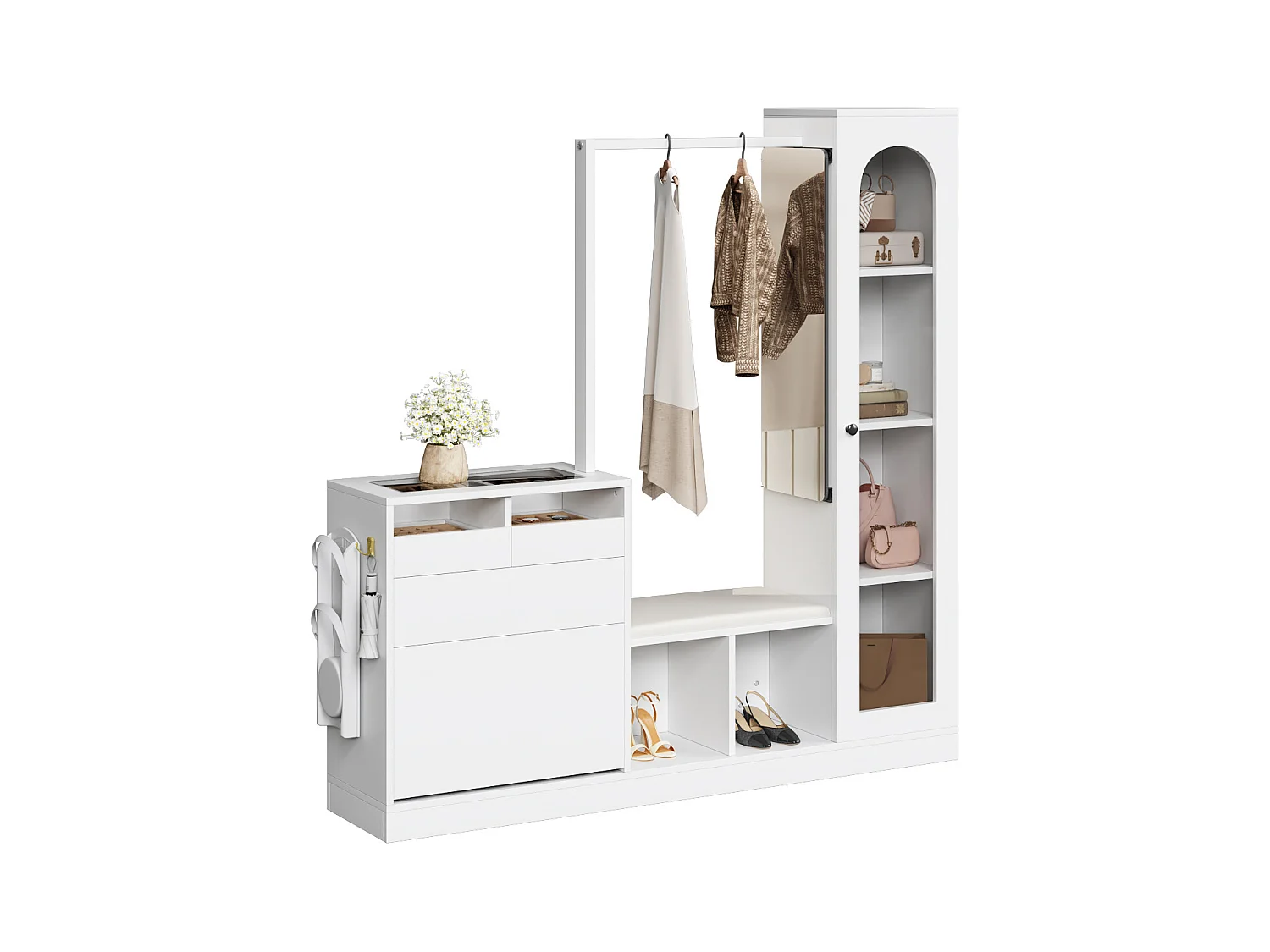 6-in-1 kledingkast - 163 x 35 x 161 cm - spiegel + bank en schoenenkast + vitrinekast + LED's - spaanplaat - wit