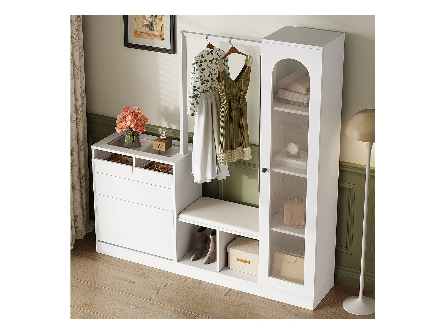 6-in-1 kledingkast - 163 x 35 x 161 cm - spiegel + bank en schoenenkast + vitrinekast + LED's - spaanplaat - wit