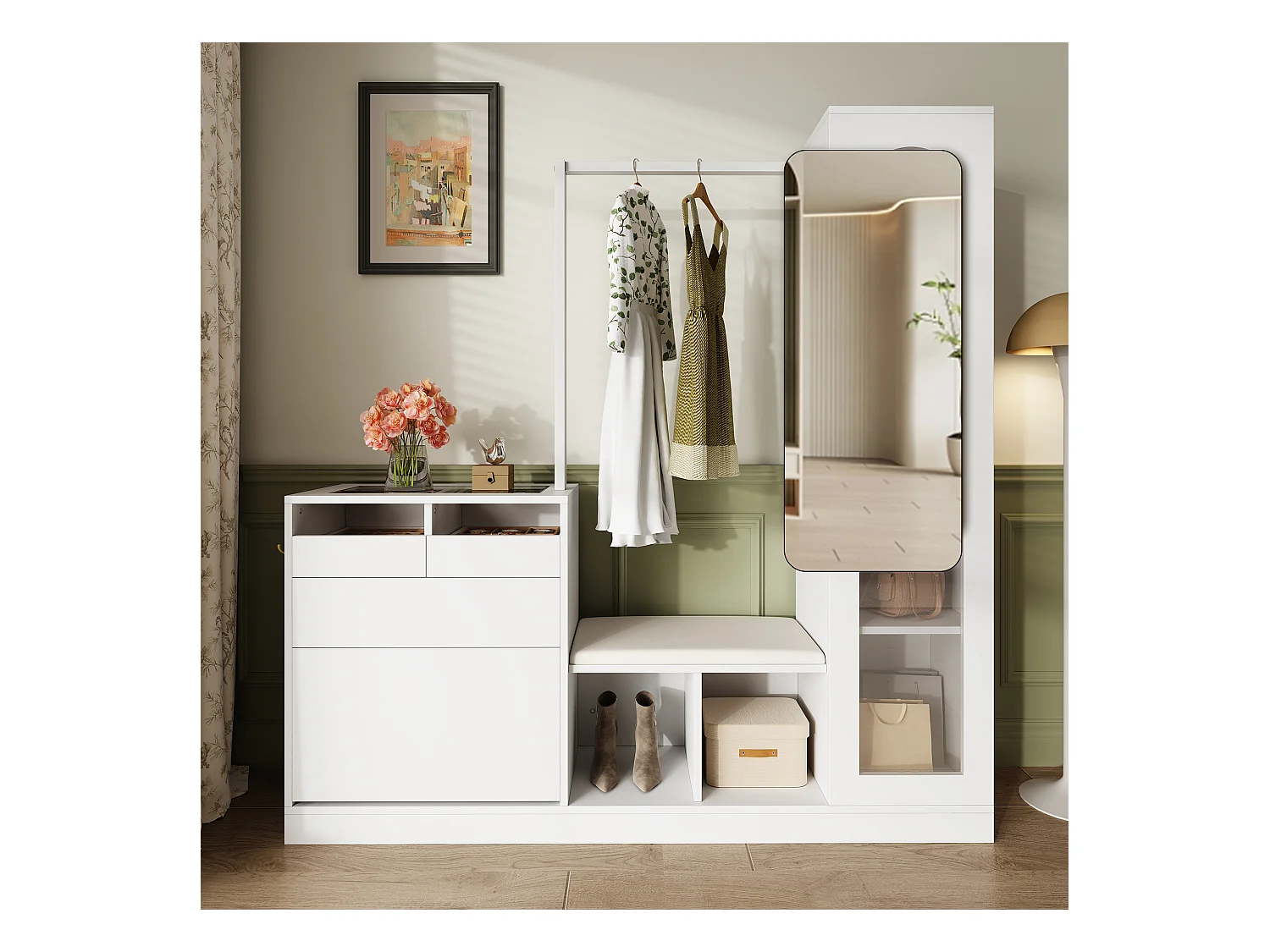 6-in-1 kledingkast - 163 x 35 x 161 cm - spiegel + bank en schoenenkast + vitrinekast + LED's - spaanplaat - wit