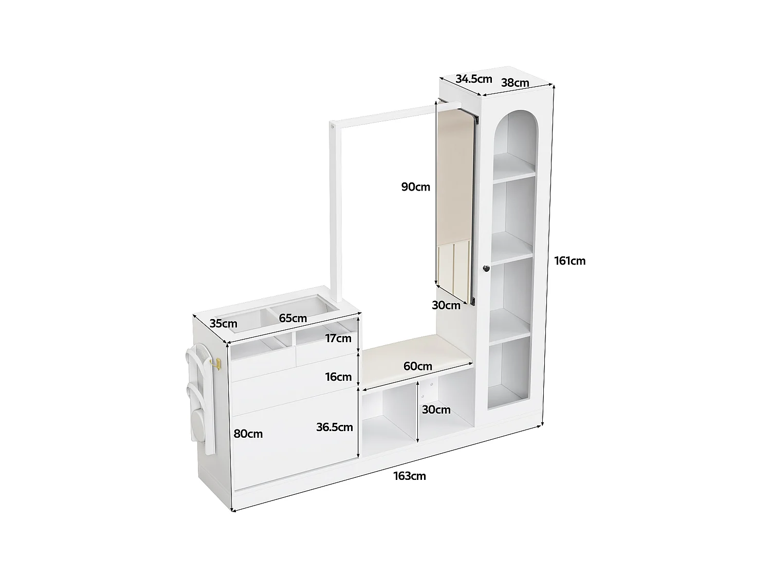 6-in-1 kledingkast - 163 x 35 x 161 cm - spiegel + bank en schoenenkast + vitrinekast + LED's - spaanplaat - wit