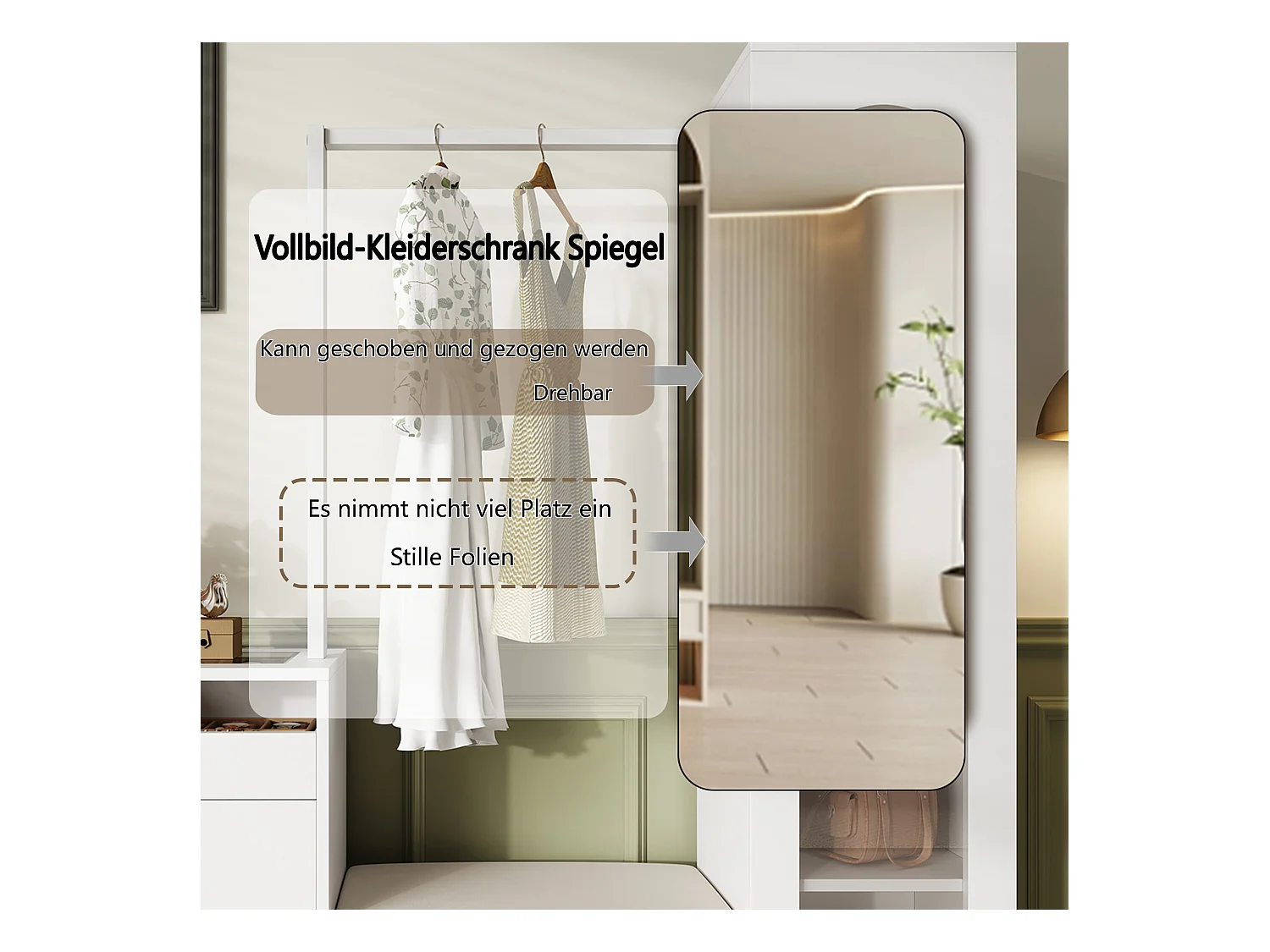 6-in-1 kledingkast - 163 x 35 x 161 cm - spiegel + bank en schoenenkast + vitrinekast + LED's - spaanplaat - wit