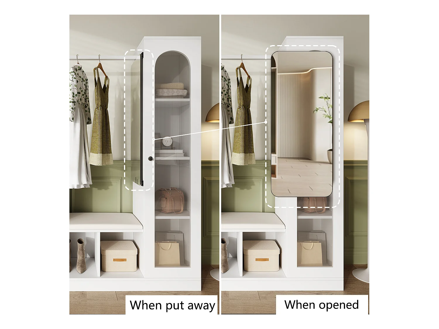 6-in-1 kledingkast - 163 x 35 x 161 cm - spiegel + bank en schoenenkast + vitrinekast + LED's - spaanplaat - wit