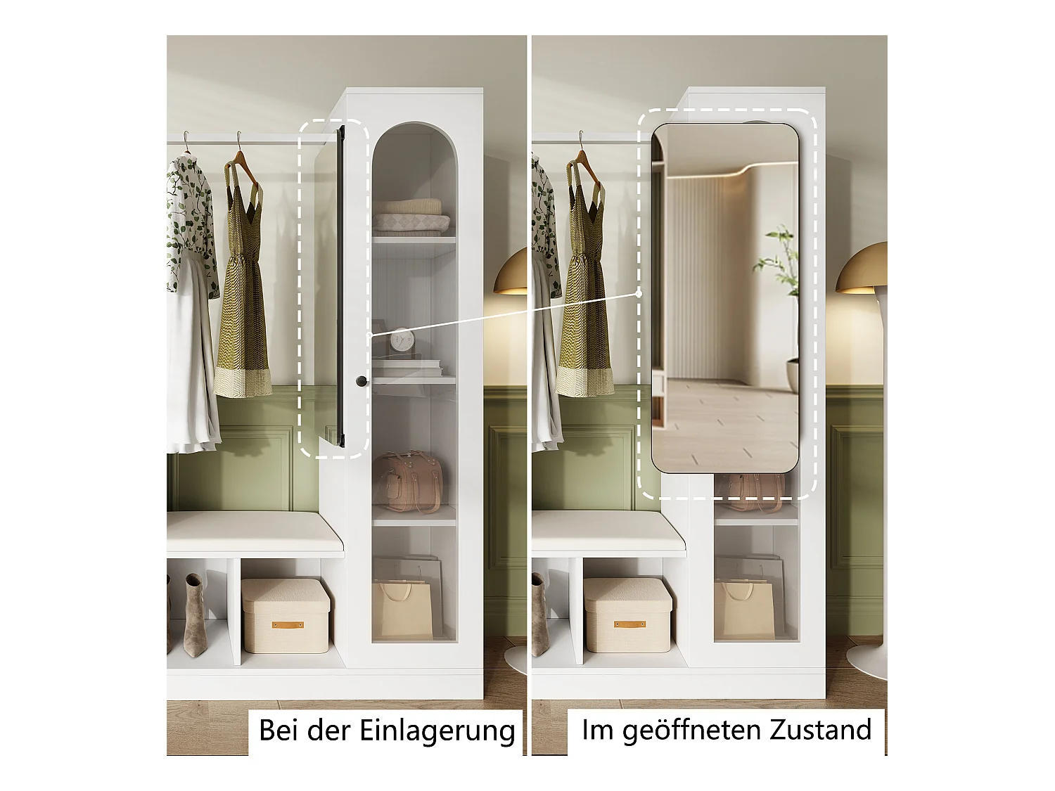 6-in-1 kledingkast - 163 x 35 x 161 cm - spiegel + bank en schoenenkast + vitrinekast + LED's - spaanplaat - wit