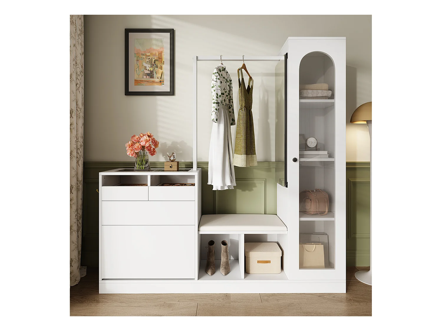 6-in-1 kledingkast - 163 x 35 x 161 cm - spiegel + bank en schoenenkast + vitrinekast + LED's - spaanplaat - wit