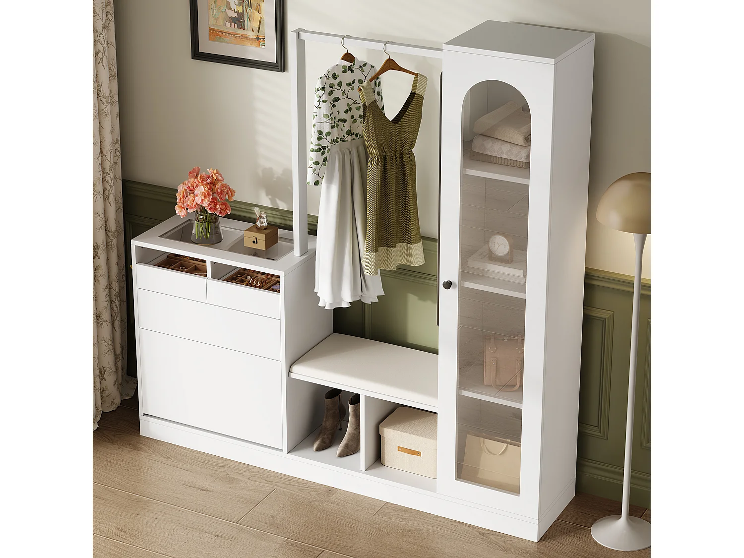 Vestiaire 6 en 1 - 163 x 35 x 161 cm - miroir + banc et meuble à chaussures + vitrine + Leds - aggloméré - blanc