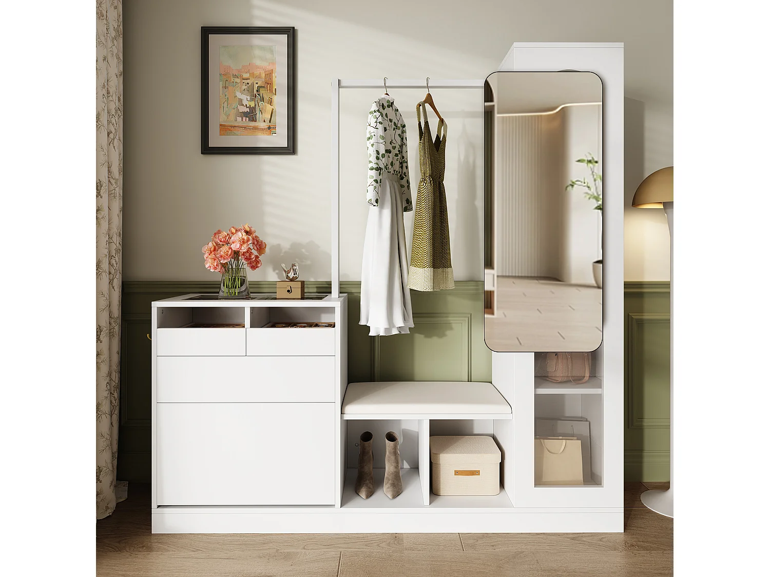 Vestiaire 6 en 1 - 163 x 35 x 161 cm - miroir + banc et meuble à chaussures + vitrine + Leds - aggloméré - blanc