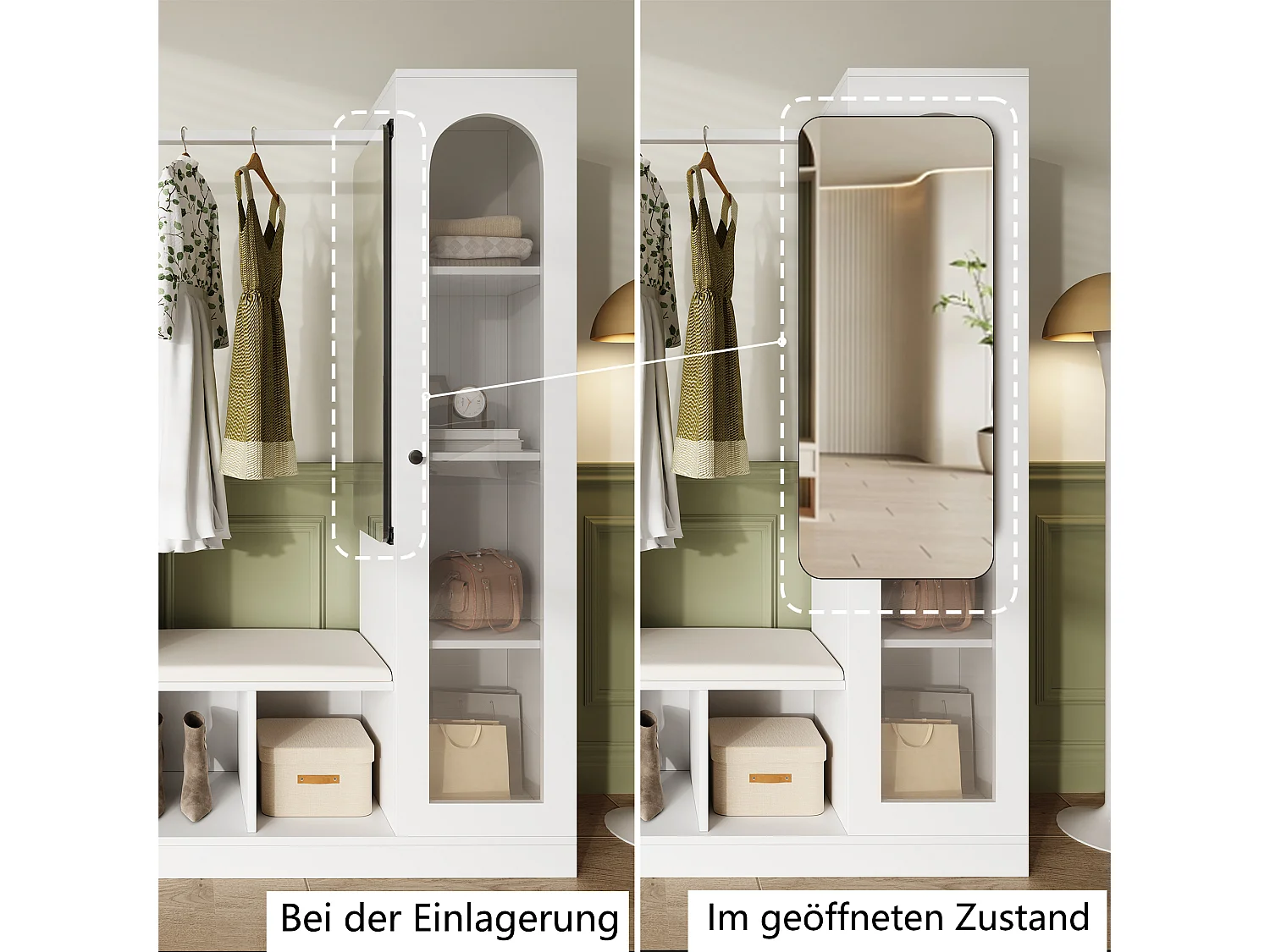 Vestiaire 6 en 1 - 163 x 35 x 161 cm - miroir + banc et meuble à chaussures + vitrine + Leds - aggloméré - blanc