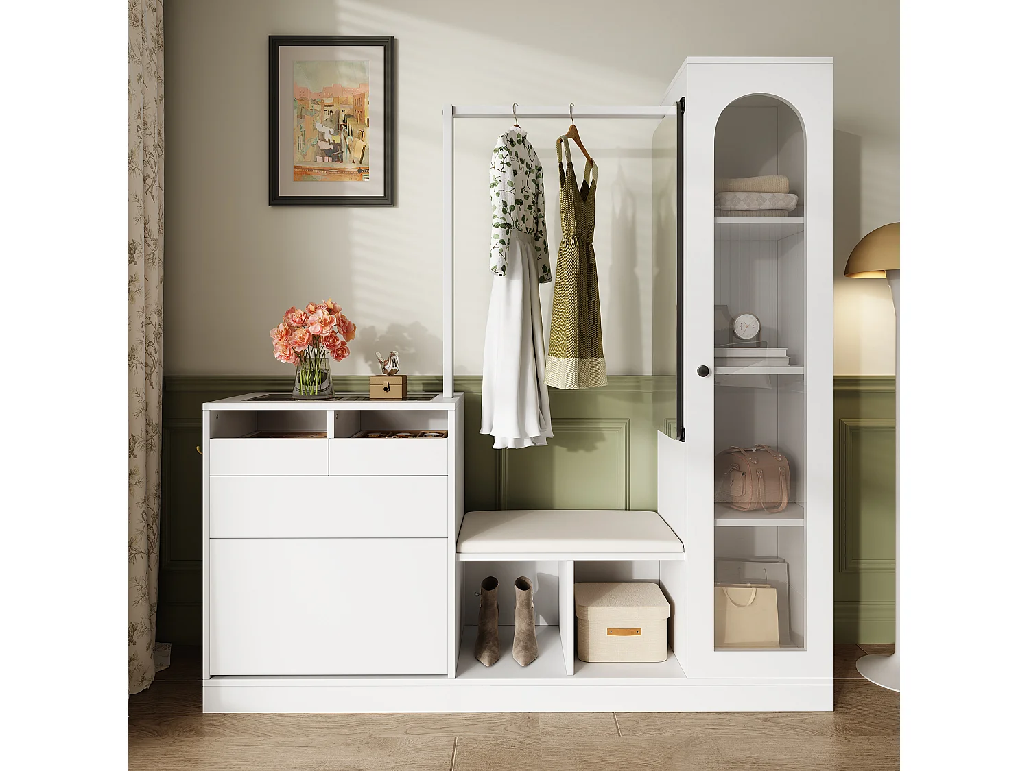 Vestiaire 6 en 1 - 163 x 35 x 161 cm - miroir + banc et meuble à chaussures + vitrine + Leds - aggloméré - blanc