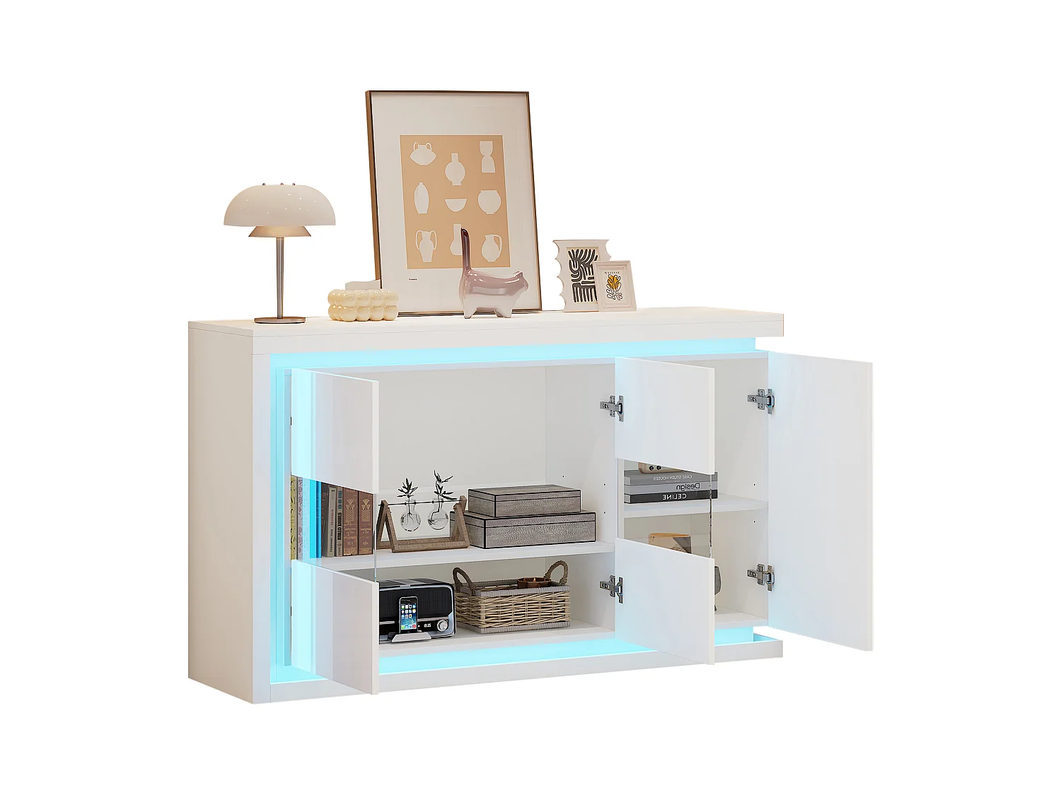 Buffet de salon brillant - 140 x 40 x 84 cm - avec 3 portes + Leds - aggloméré + verre - blanc