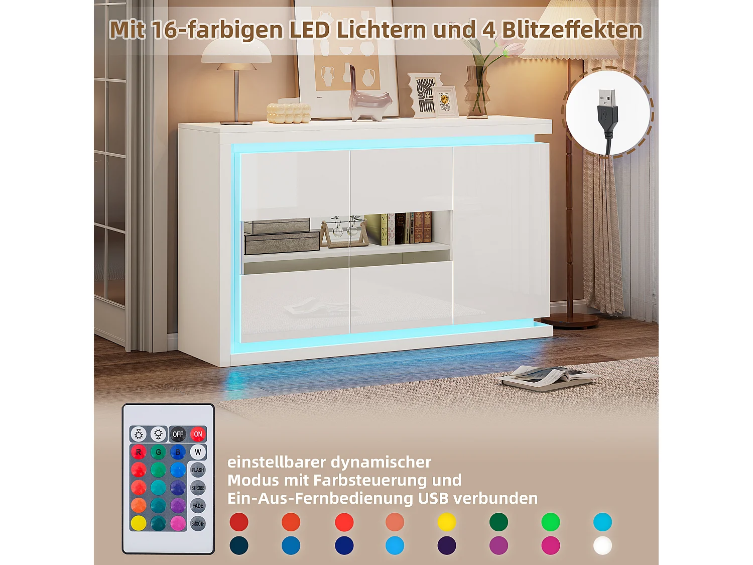 Buffet de salon brillant - 140 x 40 x 84 cm - avec 3 portes + Leds - aggloméré + verre - blanc