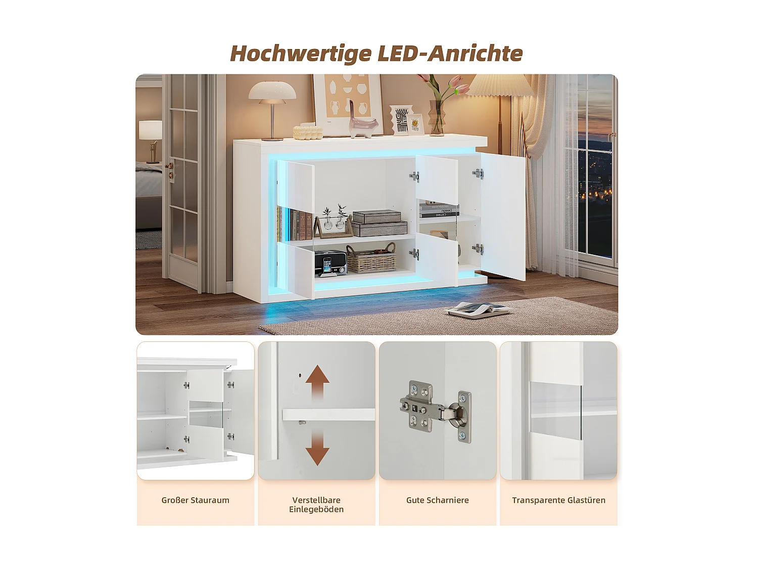 Buffet de salon brillant - 140 x 40 x 84 cm - avec 3 portes + Leds - aggloméré + verre - blanc