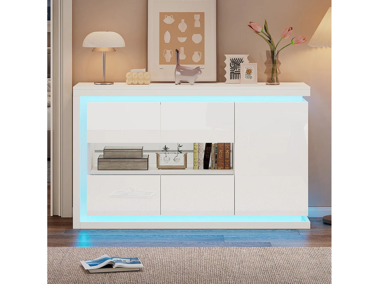 Buffet de salon brillant - 140 x 40 x 84 cm - avec 3 portes + Leds - aggloméré + verre - blanc