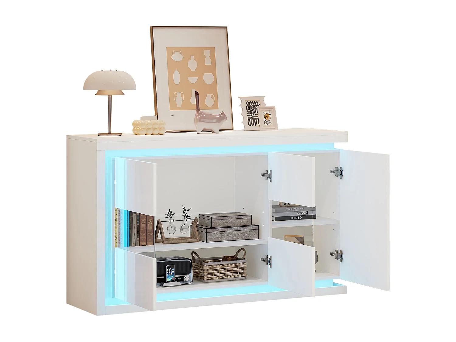 Buffet de salon brillant - 140 x 40 x 84 cm - avec 3 portes + Leds - aggloméré + verre - blanc