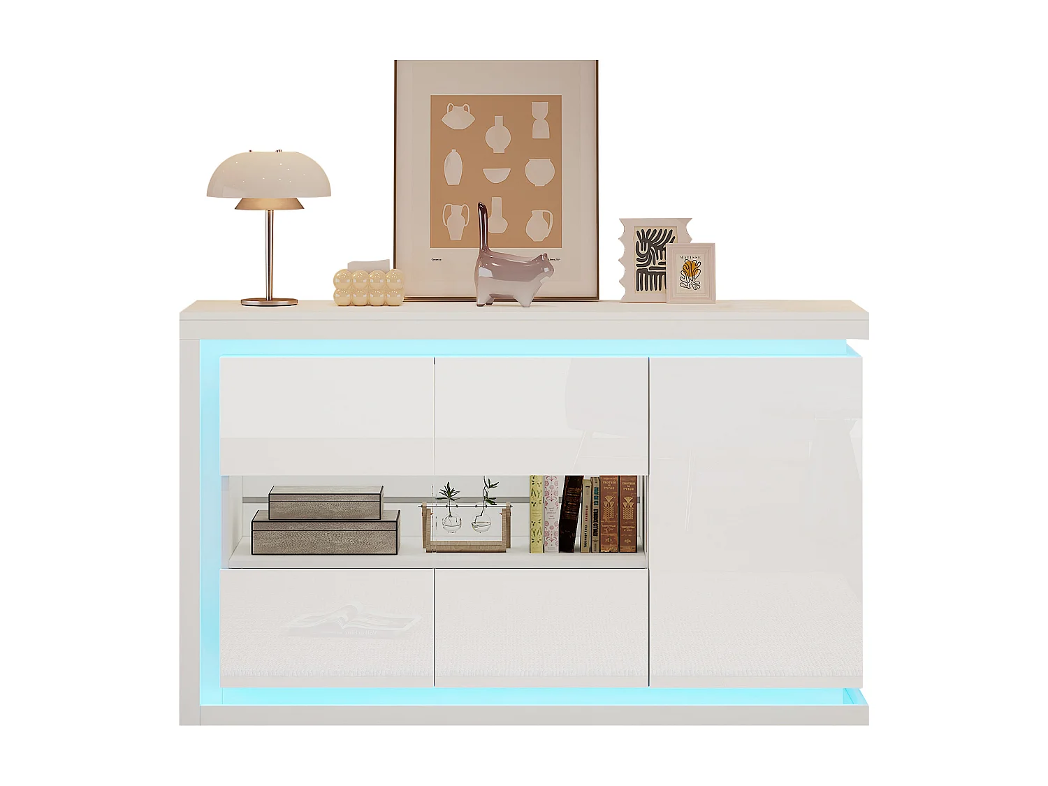 Buffet de salon brillant - 140 x 40 x 84 cm - avec 3 portes + Leds - aggloméré + verre - blanc