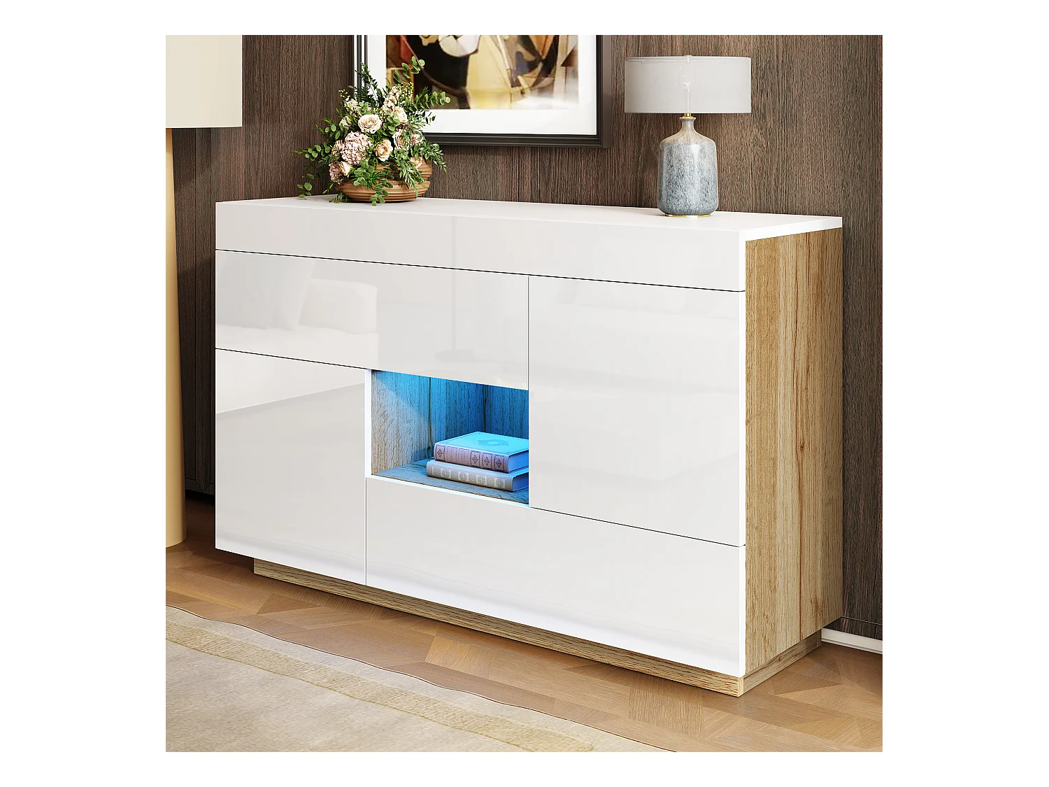 Buffet brillant pour salon - 120 x 37 x 76.5 cm - avec Leds + 2 tiroirs + 2 portes - agglméré - blanc