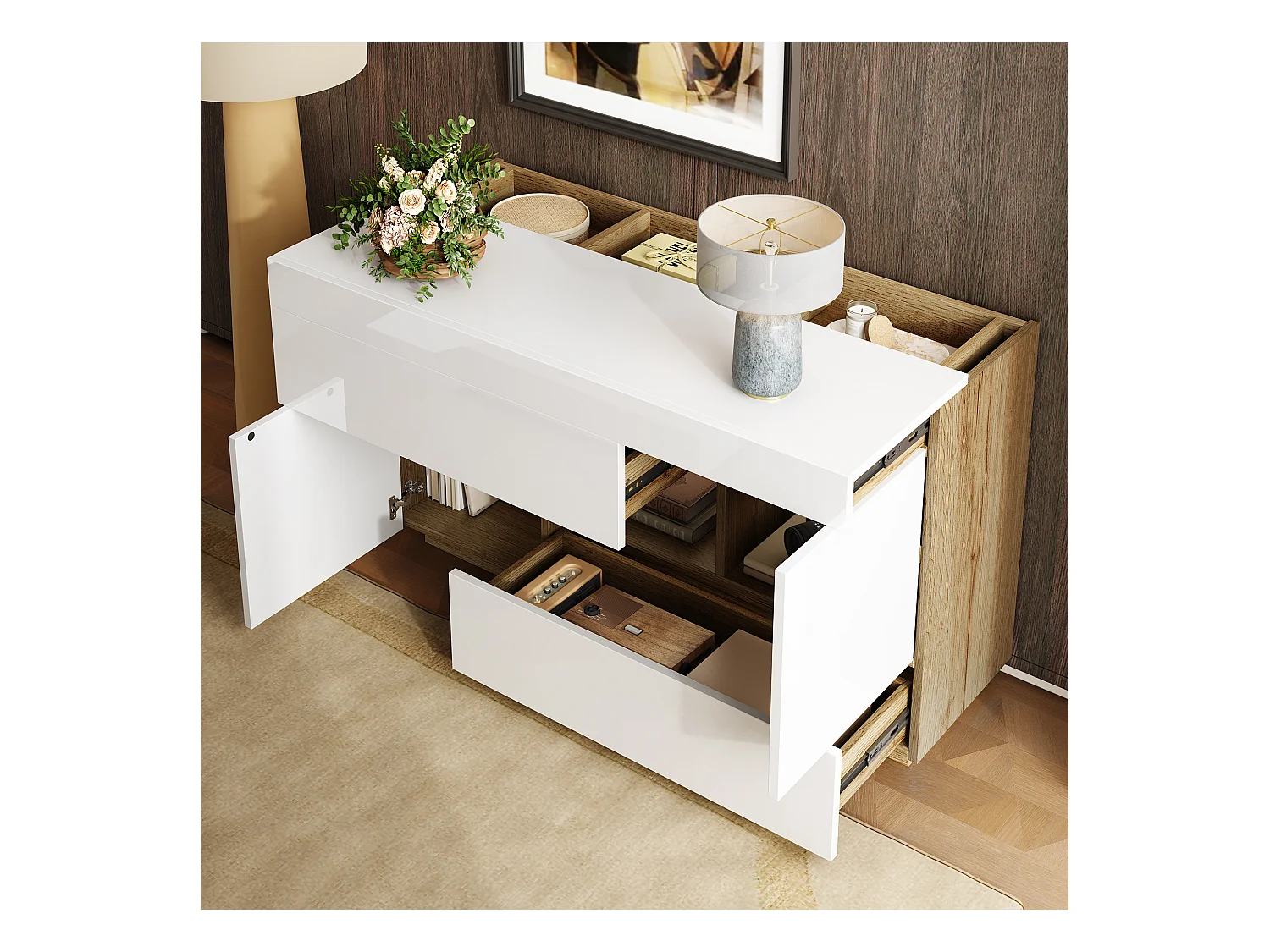 Buffet brillant pour salon - 120 x 37 x 76.5 cm - avec Leds + 2 tiroirs + 2 portes - agglméré - blanc