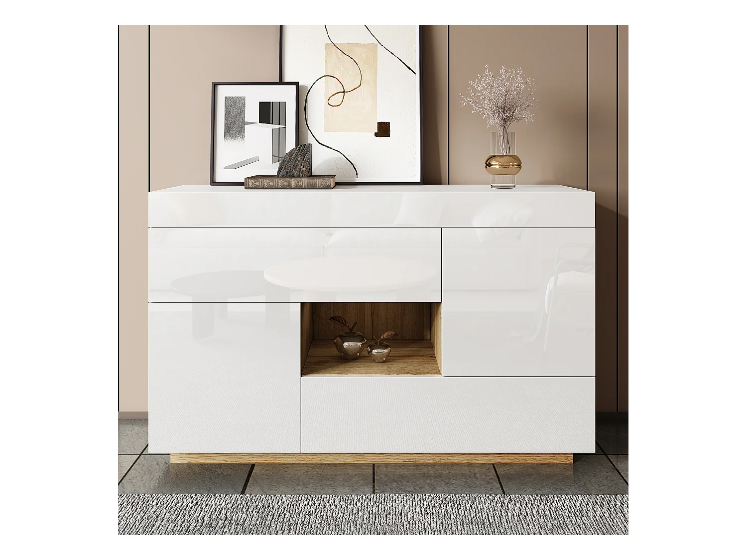 Buffet brillant pour salon - 120 x 37 x 76.5 cm - avec Leds + 2 tiroirs + 2 portes - agglméré - blanc