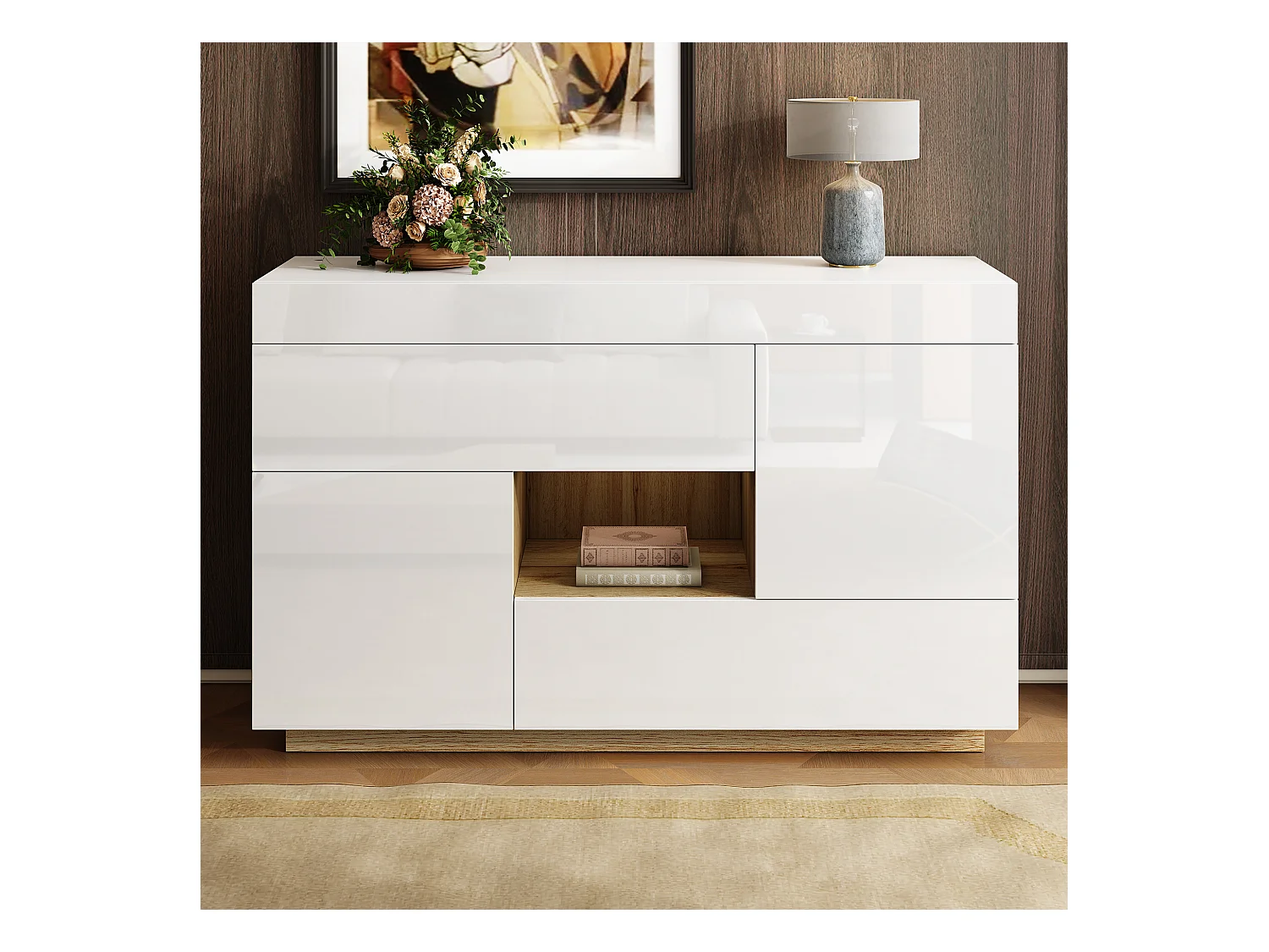 Buffet brillant pour salon - 120 x 37 x 76.5 cm - avec Leds + 2 tiroirs + 2 portes - agglméré - blanc