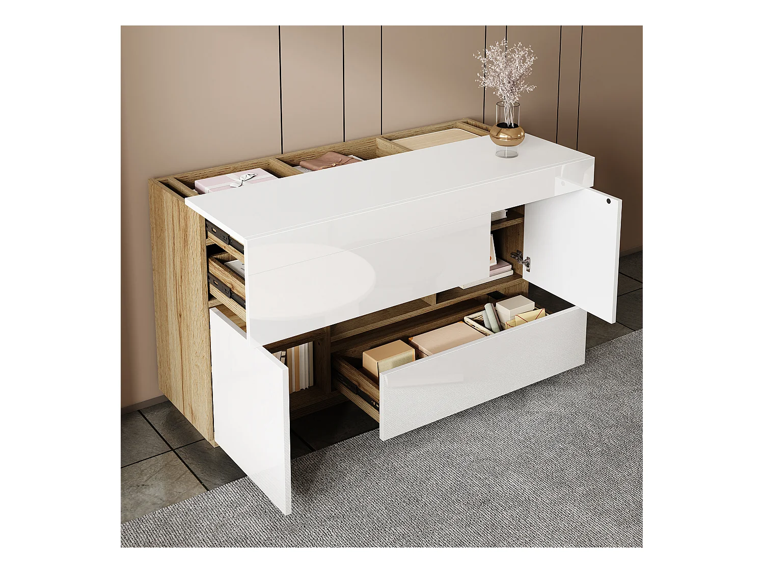 Buffet brillant pour salon - 120 x 37 x 76.5 cm - avec Leds + 2 tiroirs + 2 portes - agglméré - blanc