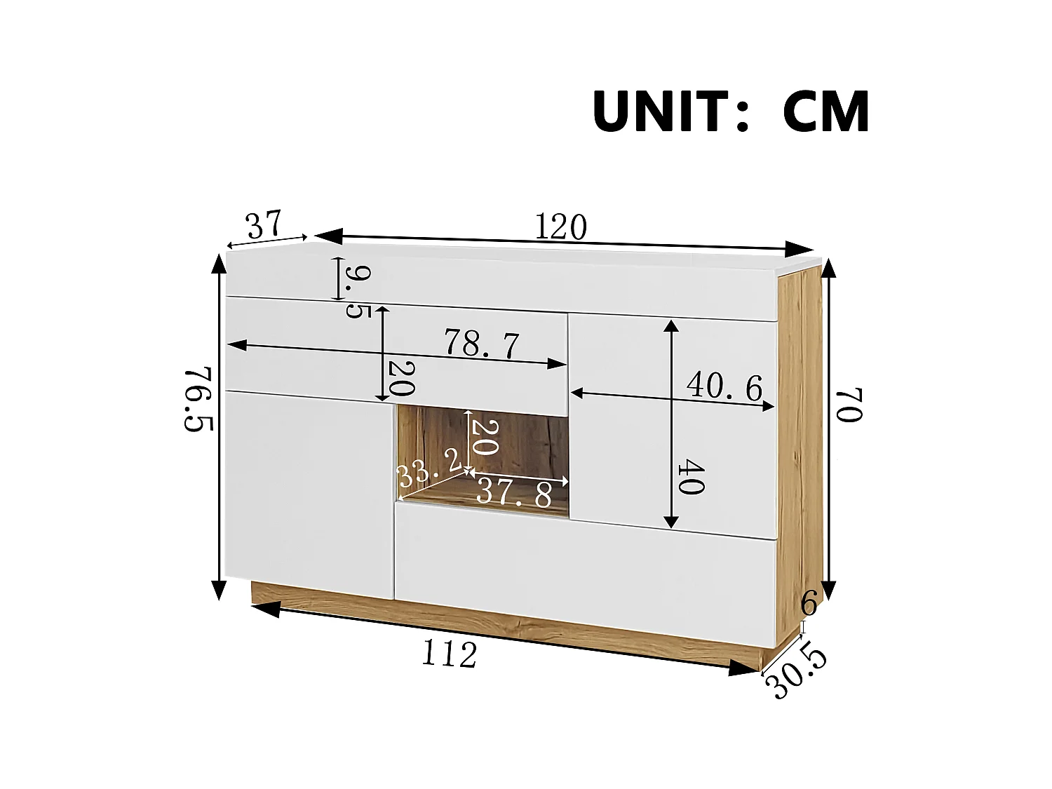 Buffet brillant pour salon - 120 x 37 x 76.5 cm - avec Leds + 2 tiroirs + 2 portes - agglméré - blanc
