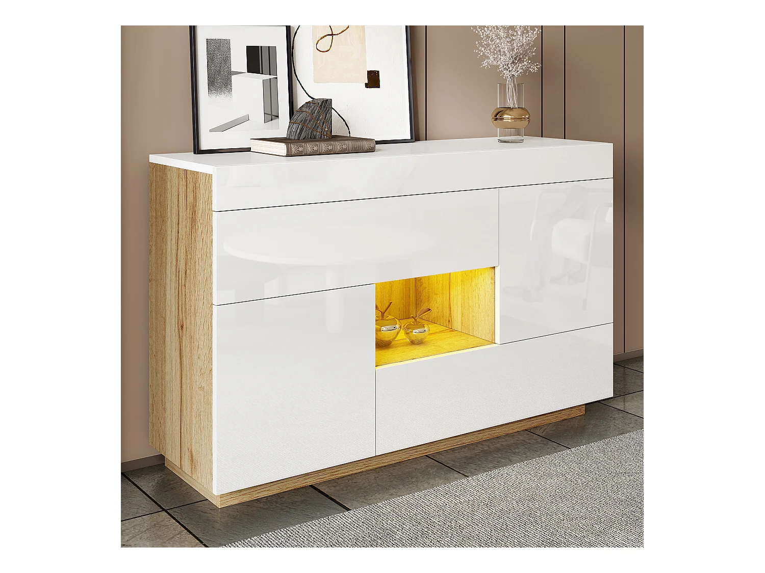 Buffet brillant pour salon - 120 x 37 x 76.5 cm - avec Leds + 2 tiroirs + 2 portes - agglméré - blanc