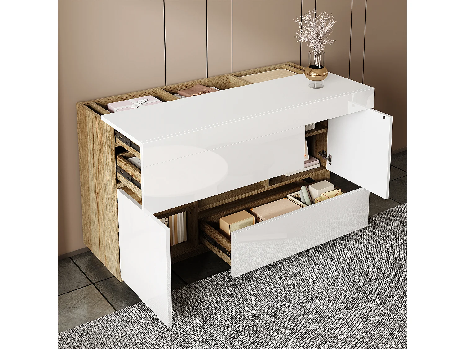 Buffet brillant pour salon - 120 x 37 x 76.5 cm - avec Leds + 2 tiroirs + 2 portes - agglméré - blanc