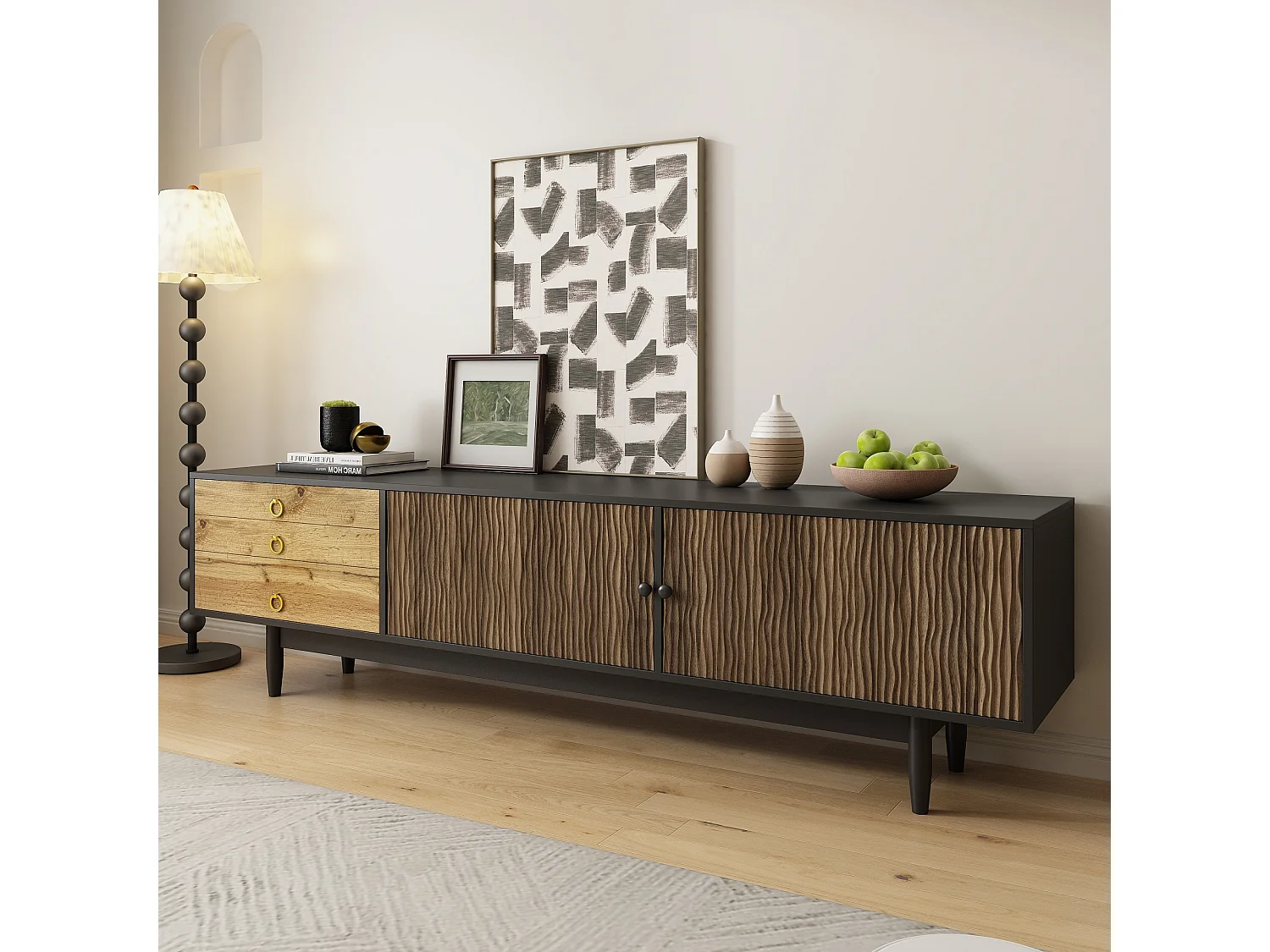 Meuble TV moderne - 180 x 38 x 50 cm - avec 2 portes à motif de vagues d'eau + 3 tiroirs - MDF - noir