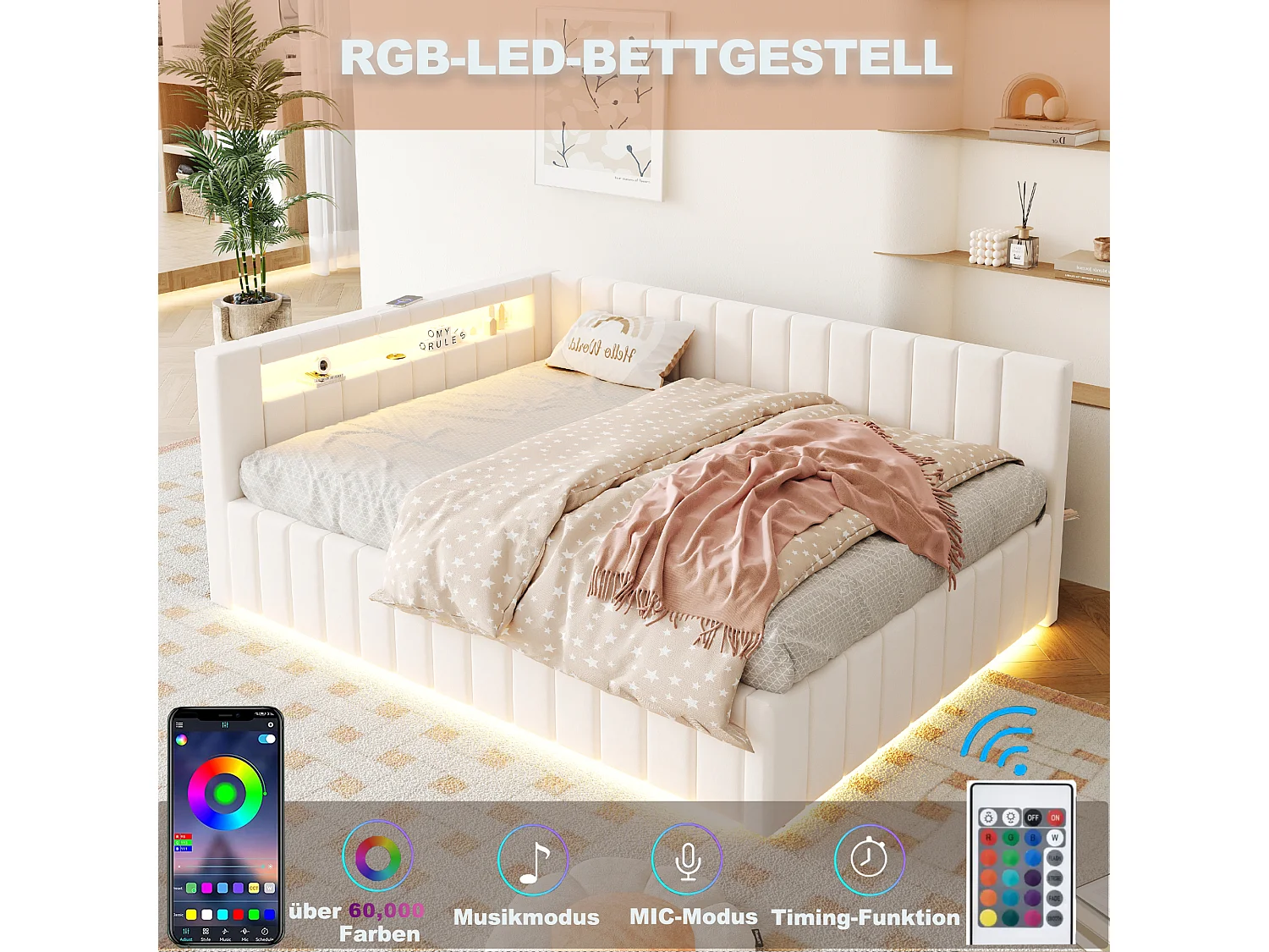 Canapé-lit rembourré - 140 x 200 cm - avec coffre hydraulique + Leds + dossier + tête de lit - velours - beige