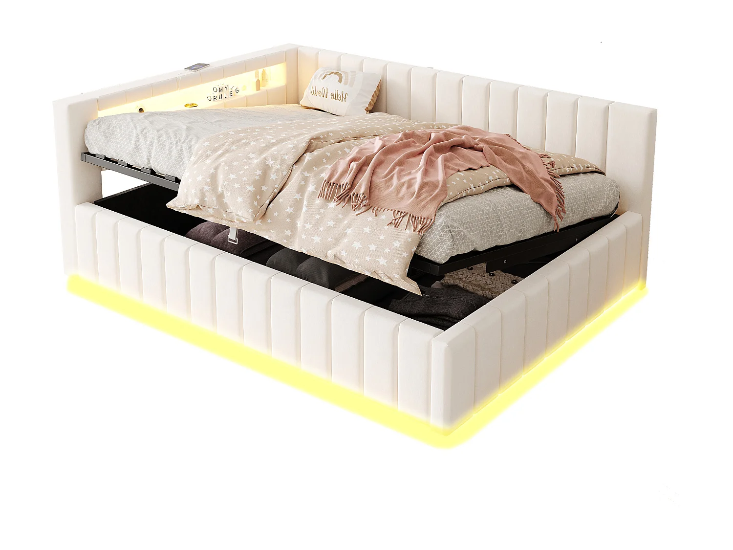 Canapé-lit rembourré - 140 x 200 cm - avec coffre hydraulique + Leds + dossier + tête de lit - velours - beige