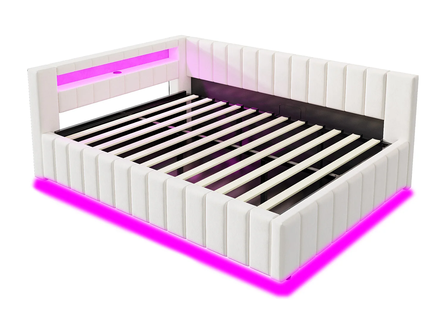 Canapé-lit rembourré - 140 x 200 cm - avec coffre hydraulique + Leds + dossier + tête de lit - velours - beige