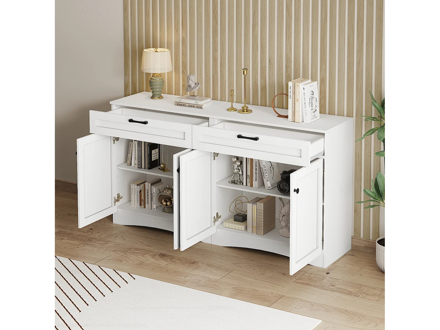 Wohnzimmer Sideboard - 160 x 40 x 85 cm - mit 2 Schubladen + 4 Türen - Beistelltisch - Spanplatte - Weiß