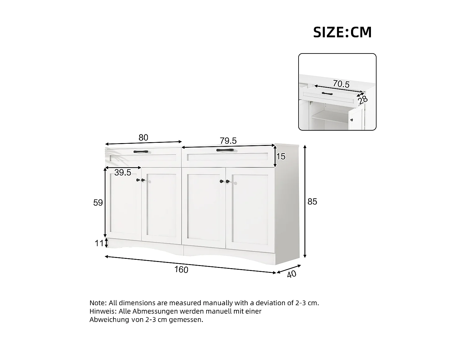 Wohnzimmer Sideboard - 160 x 40 x 85 cm - mit 2 Schubladen + 4 Türen - Beistelltisch - Spanplatte - Weiß