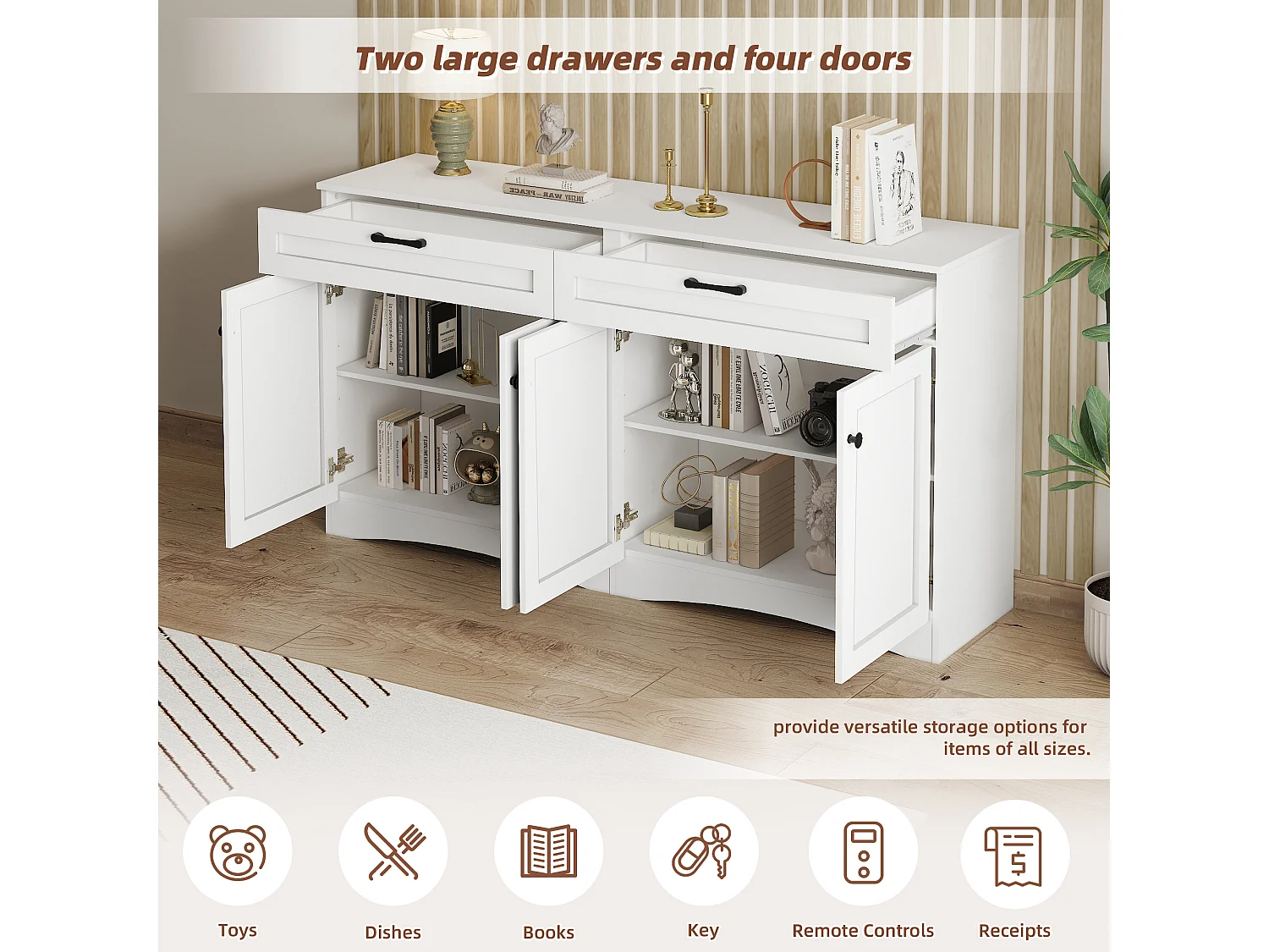 Wohnzimmer Sideboard - 160 x 40 x 85 cm - mit 2 Schubladen + 4 Türen - Beistelltisch - Spanplatte - Weiß