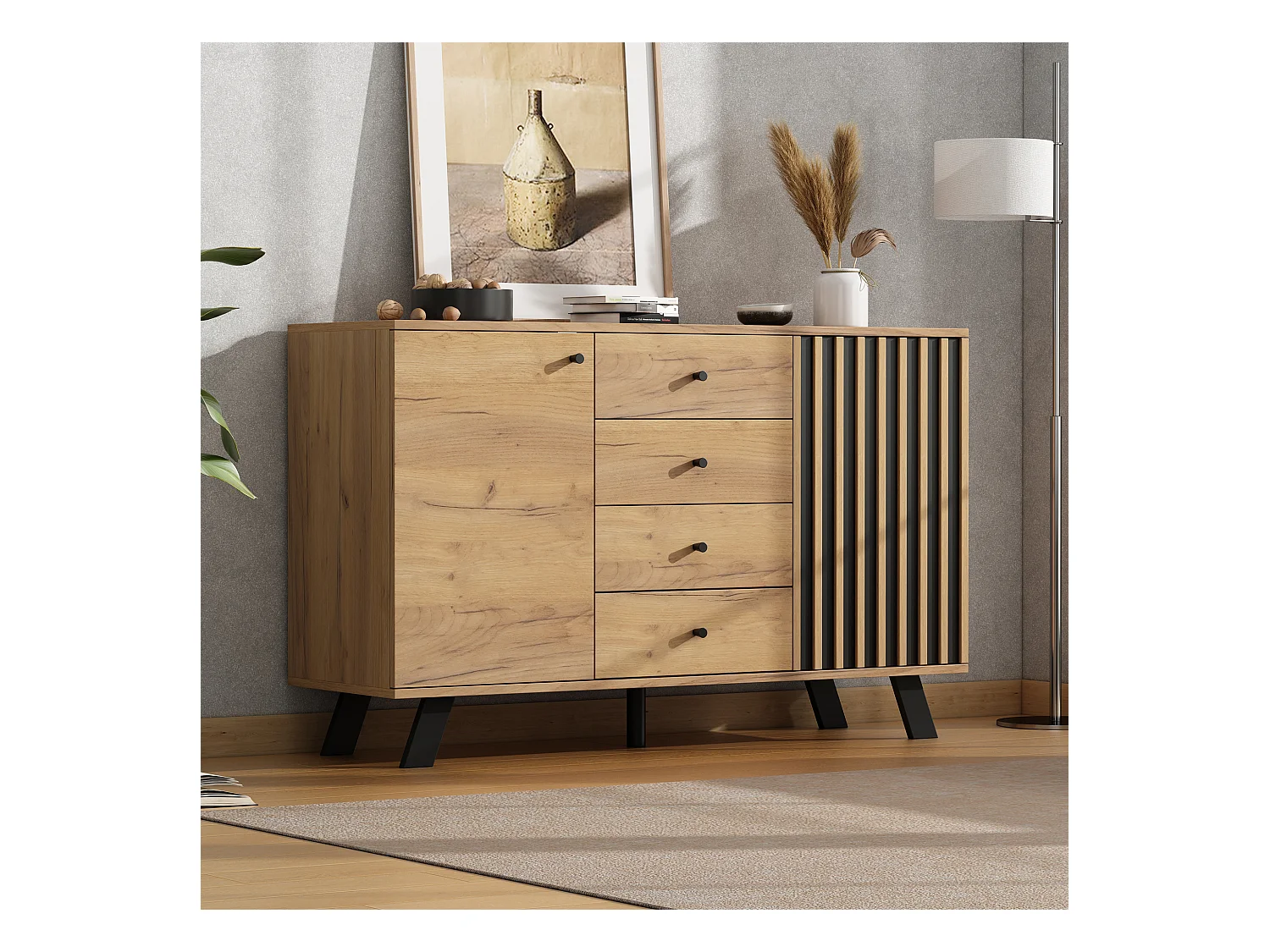 Buffet de salon - 120 x 38 x 75 cm - avec 4 tiroirs + 2 portes - table d'appoint - MDF - naturel