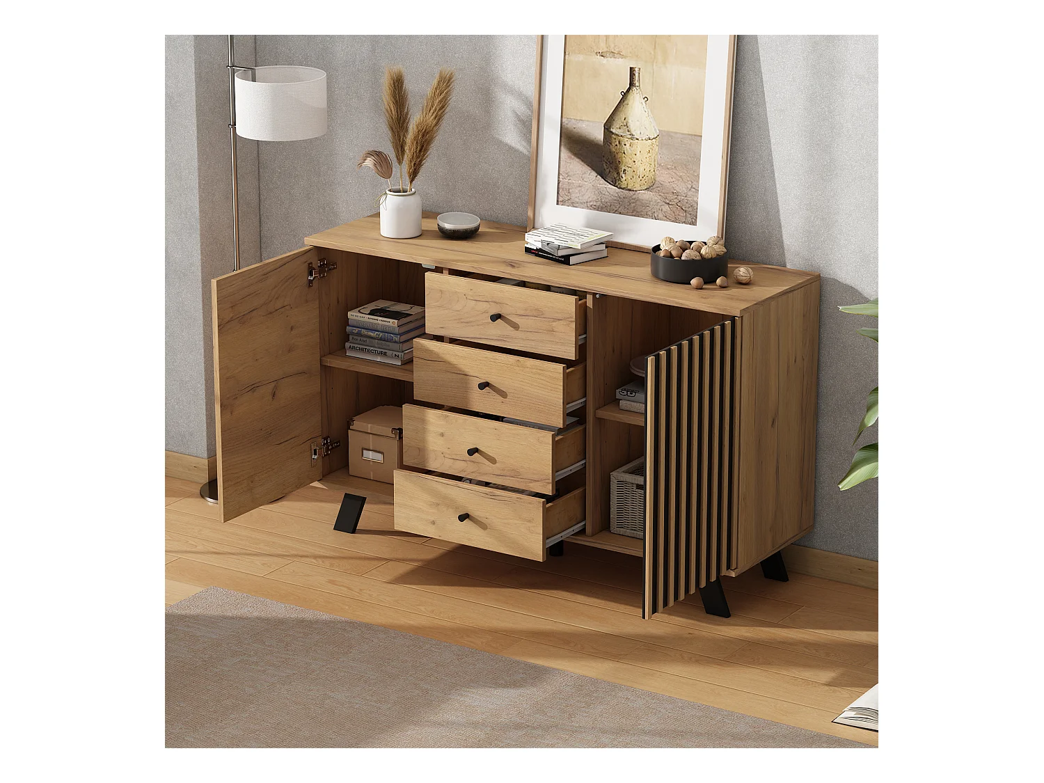 Buffet de salon - 120 x 38 x 75 cm - avec 4 tiroirs + 2 portes - table d'appoint - MDF - naturel