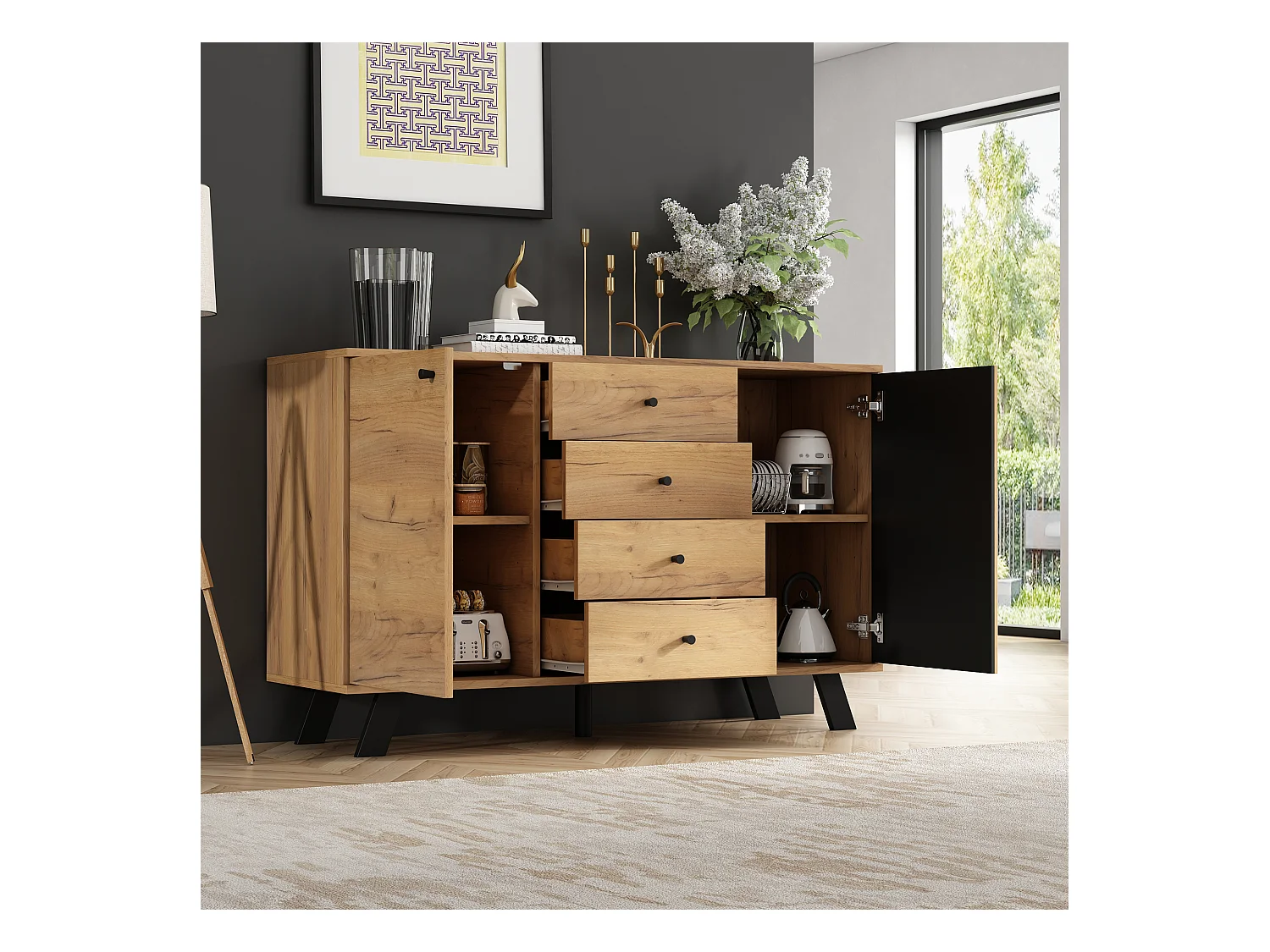 Buffet de salon - 120 x 38 x 75 cm - avec 4 tiroirs + 2 portes - table d'appoint - MDF - naturel