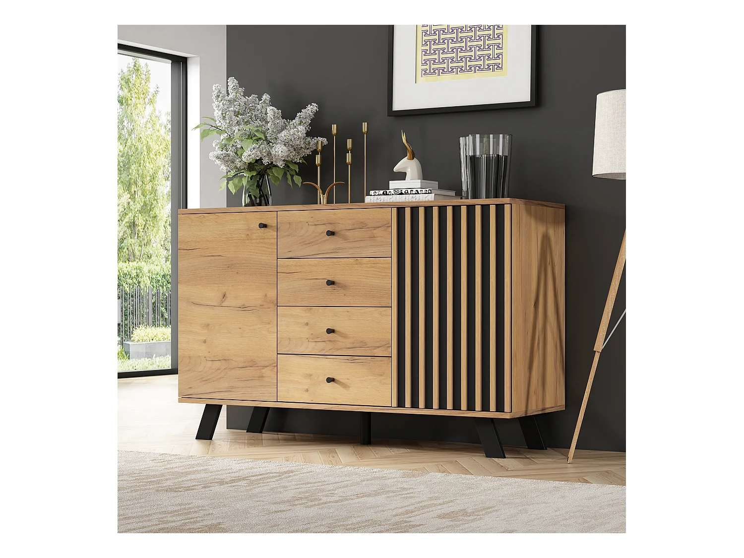 Buffet de salon - 120 x 38 x 75 cm - avec 4 tiroirs + 2 portes - table d'appoint - MDF - naturel