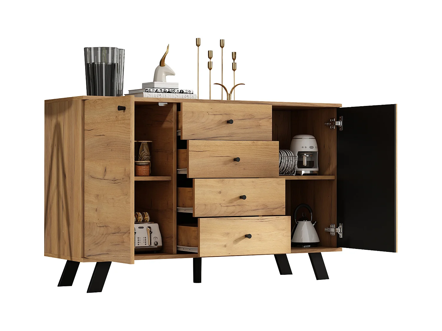 Buffet de salon - 120 x 38 x 75 cm - avec 4 tiroirs + 2 portes - table d'appoint - MDF - naturel