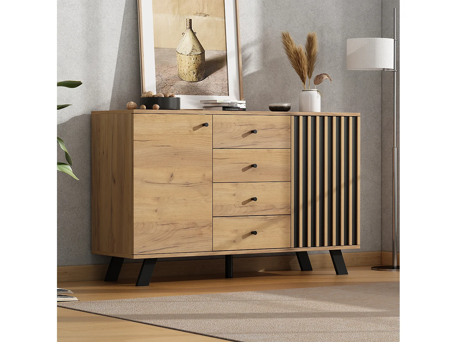Buffet de salon - 120 x 38 x 75 cm - avec 4 tiroirs + 2 portes - table d'appoint - MDF - naturel