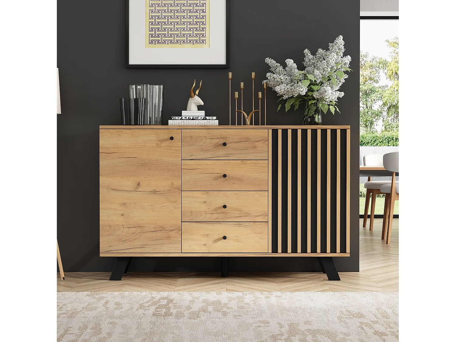 Buffet de salon - 120 x 38 x 75 cm - avec 4 tiroirs + 2 portes - table d'appoint - MDF - naturel